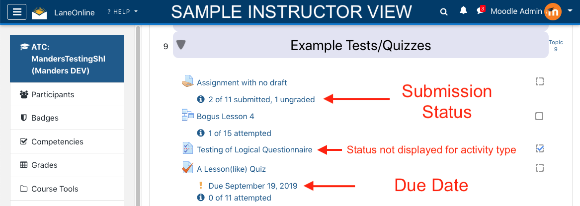 Instructor View of New Activity status indicators