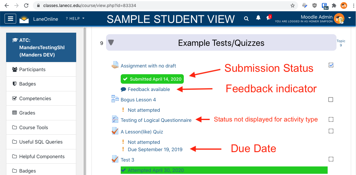 Student View of New Activity status indicators