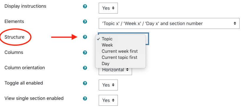 Screenshot of Course Structure options