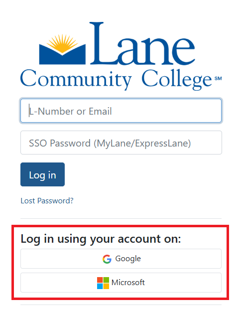 Google and Microsoft login options below the normal sign in area on the Moodle login page.