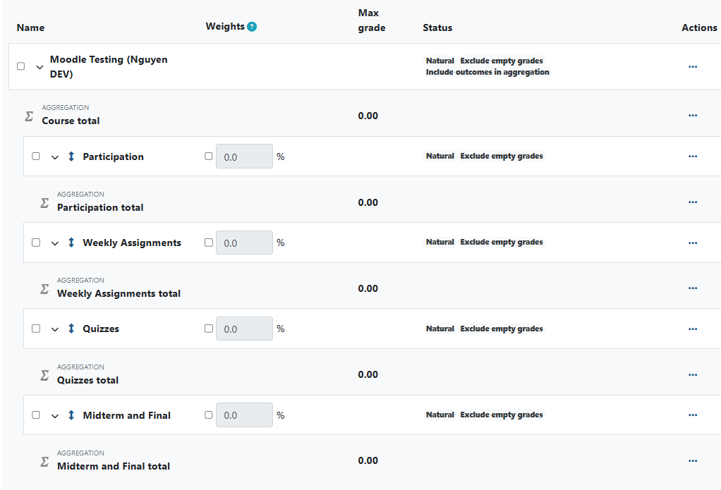 Gradebook showing new added categories