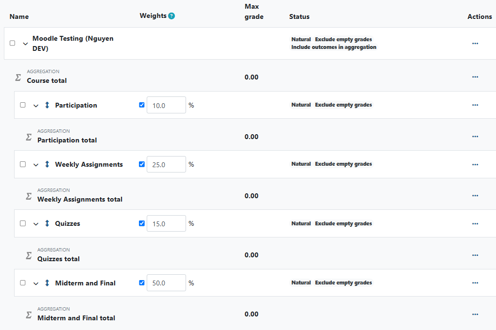 Adjust weights in gradebook categories.