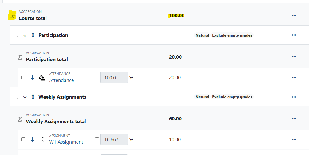 Simple Weighted Mean aggregation applied to the course total instead.