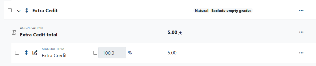 Extra Credit category with a manual grade item inside. The extra credit setting is applied to the category not the item.