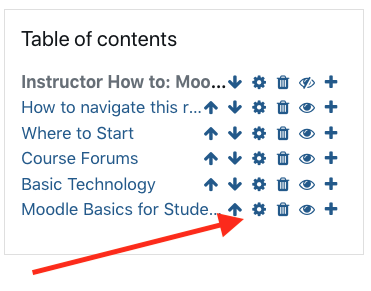 image of table of contents in edit mode with arrow pointing to gear icon