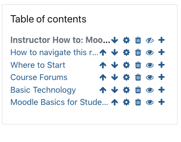 picture of the table of contents in edit mode within the Moodle book