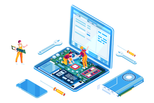 Illustration of miniature cartoon workers in construction clothes repairing a laptop.