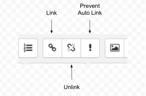 An image of the Moodle toolbar highlighting the linking functions. Link, Unlink and Prevent Auto Link.