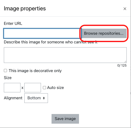 An image of the image properties window showing where users need to click to browse their content.