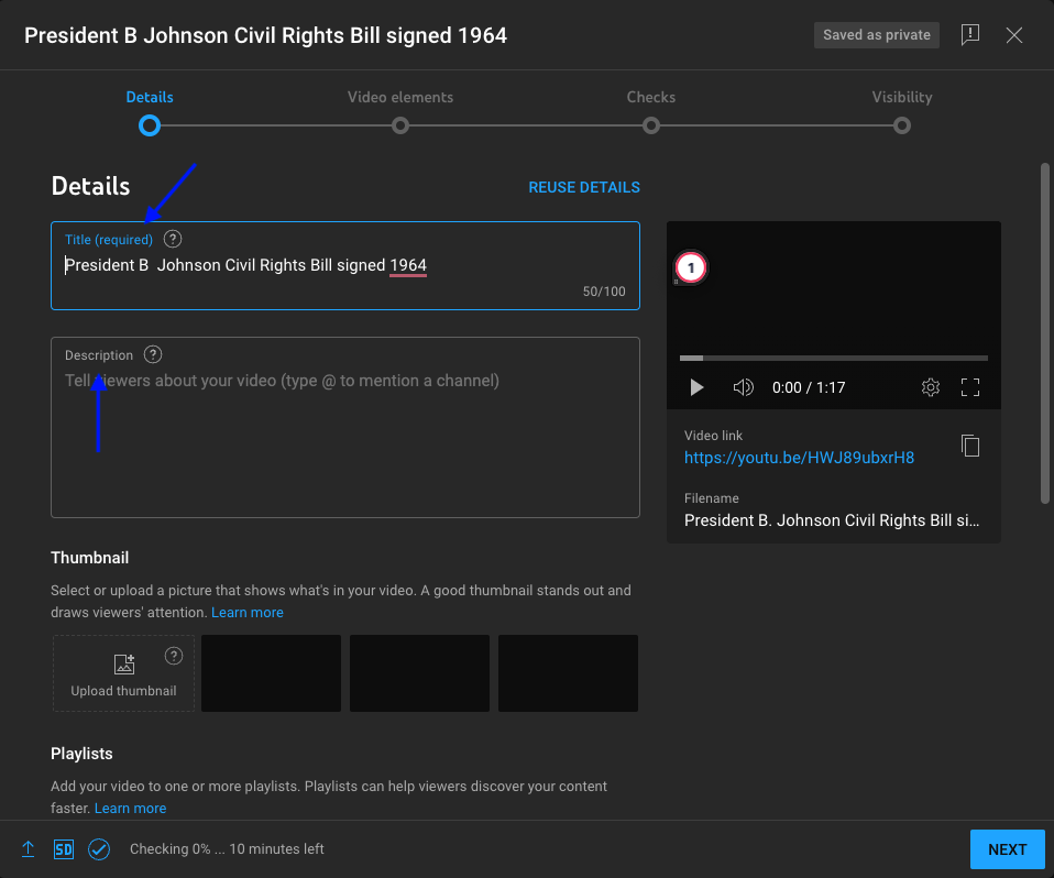 An image of the YouTube upload window where you can add a title and description of your video.