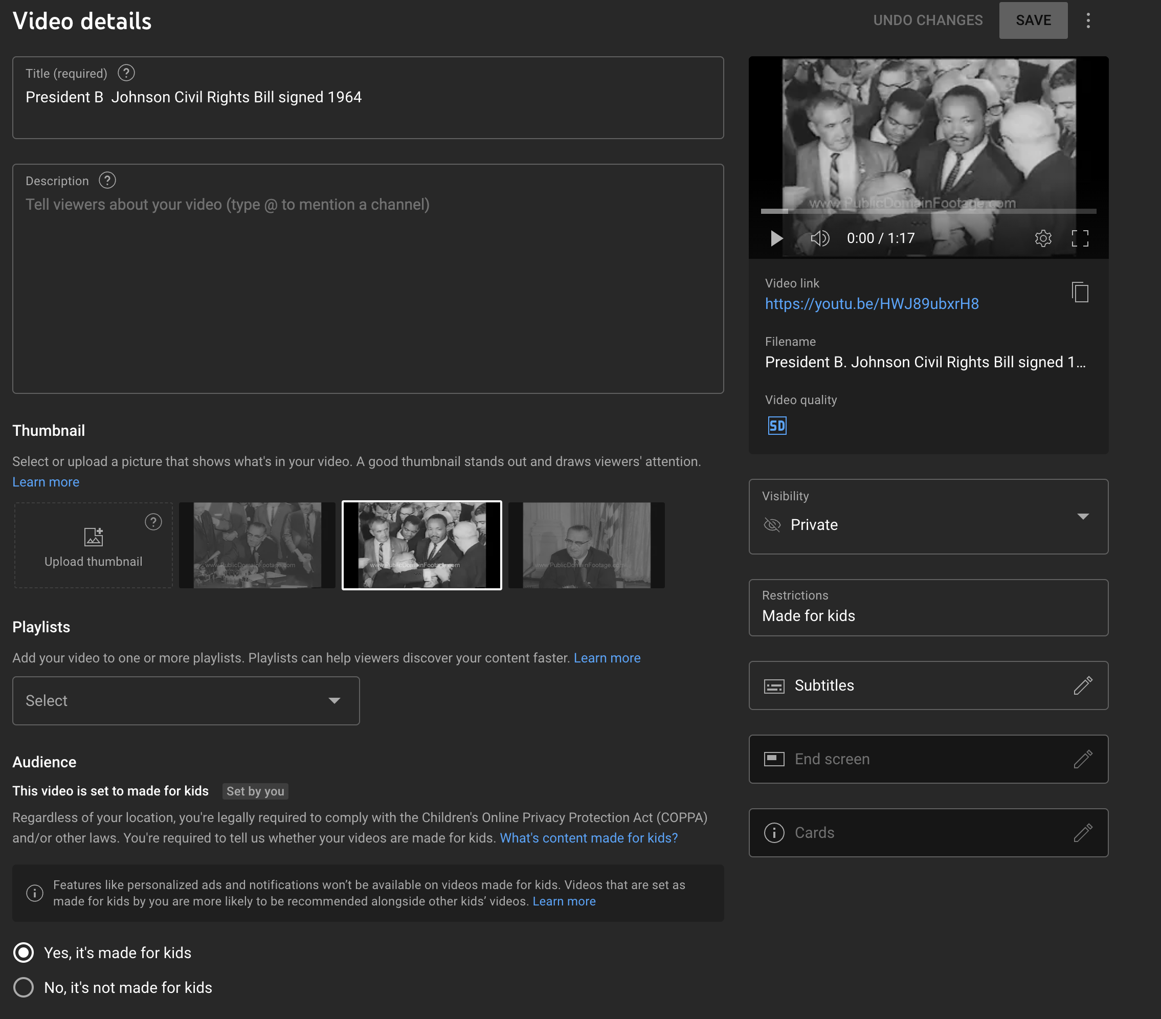 YouTubes video work window.