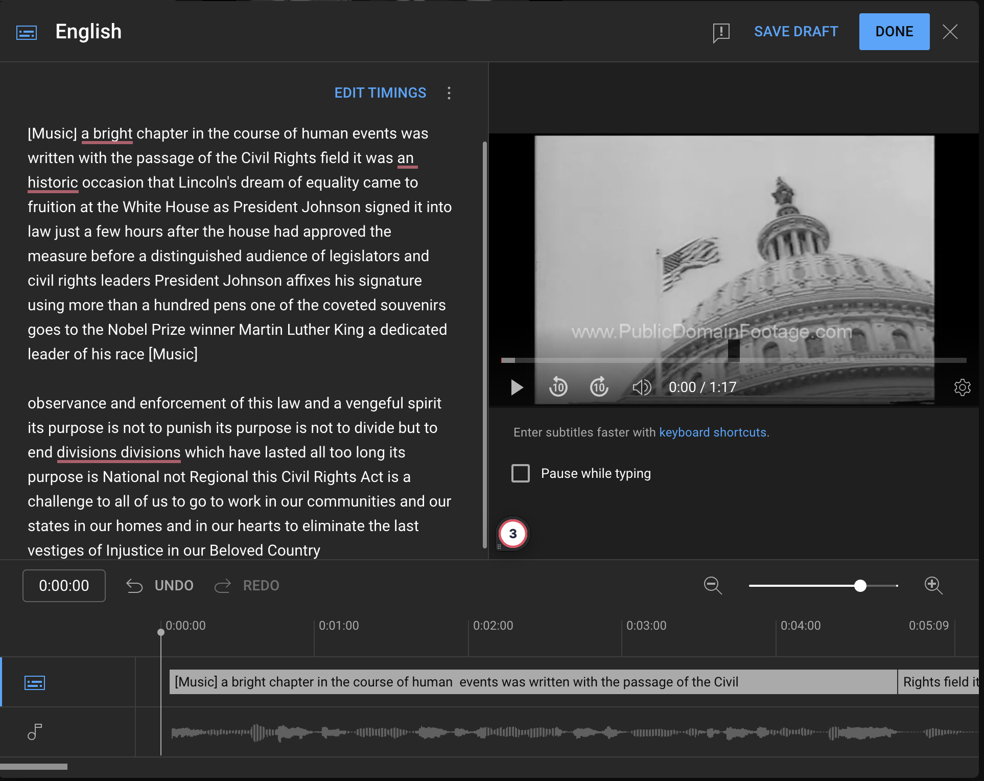 Subtitle edit window within the YouTube browser.