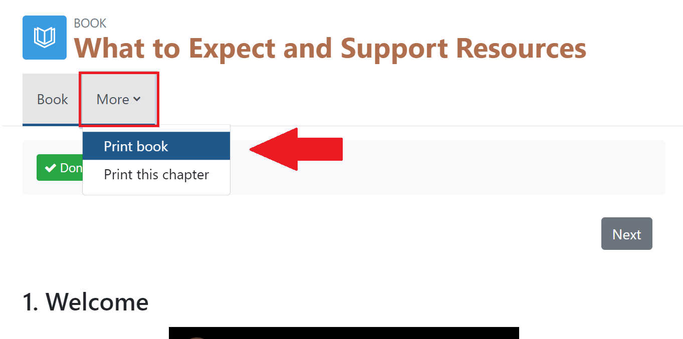 Book page in Moodle, clicking More menu to select Print Book.