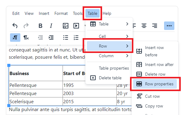 With the table selected, Table menu opens with Row item selected showing the Row Properties option.