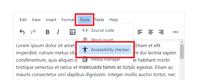 Tools menu in text editor selecting the Accessibility Checker option.