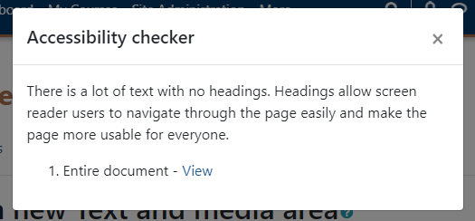 Accessibility checker report with a no headings issue identified.