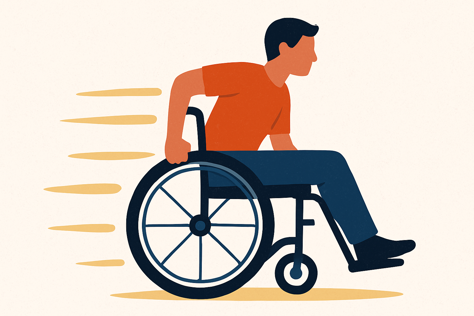 Person in wheelchair wearing orange shirt and blue pants, pushing forward with yellow motion lines showing speed.